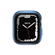 The Apple Watch is encased in the MAGEASY ODYSSEY Ultimate Edition, featuring an Aircraft-Grade Aluminum+TPU Bumper in a vibrant blue color. This design ensures a seamless transition between the smartwatch and the protective case, offering both style and durability.